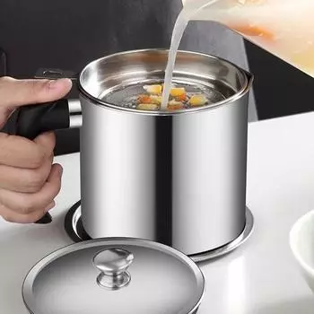 1.3L 304 Stainless Steel Kitchen Oil Filter Pot Large Capacity Leak-proof Oil Pot with Filter Screen Oil Storage Tank Filter Cup 201
