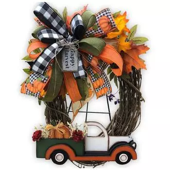 1-3PCS Farmhouse Pumpkin Cart Wreath Fall Wreath Halloween Pumpkin Truck Wreath Pumpkin Wreath Festive Party Door Decorations