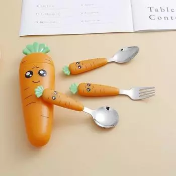 1/3PCS Kids Tableware Set 304 Stainless Steel Carrots Modeling Spoon Fork Flatware with Box Baby Feeding Kitchen Tableware