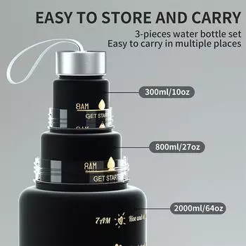 1/3pcs Leak-proof Water Bottles With Time Marker 300/800/1200ml Sport Water Bottle with Straw Drinking Water Bottle for Gym