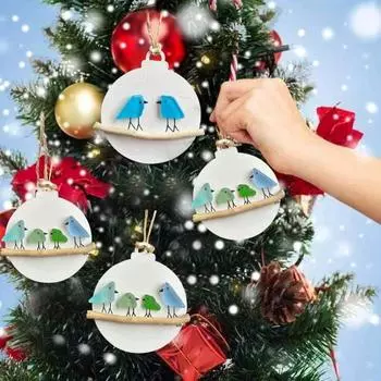 1/3Pcs Sea Glass Bird Hanging Decoration Colorful Bird Family Standing on Branch Home Office Christmas C
