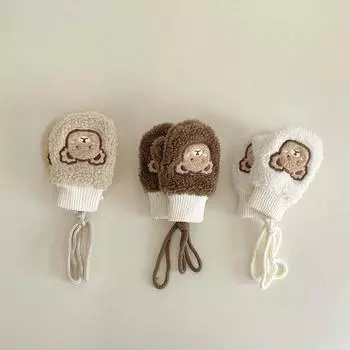 1-4 года Детские варежки с изображением медведя из мультфильма, детские зимние согревающие перчатки для рук, детские мягкие флисовые перчатки для мальчиков и девочек, толстые плюшевые перчатки бежевый