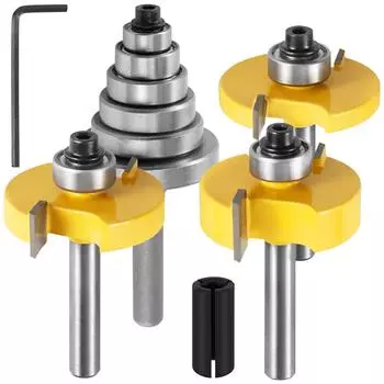 1/4 Inch Shank Rabbet Router Bit Set, 3pcs Carbide Tipped Rabbeting Router Bit with Adjustable 6 Bearings Interchangeable 6pcs 1 set