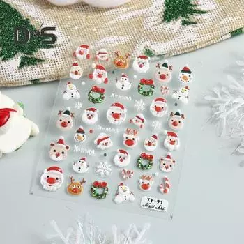 1/4 листа рождественских наклеек для дизайна ногтей, водонепроницаемые 5D рельефные зимние рождественские праздничные наклейки в виде Санта-Клауса, снеговика, лося, снежинки, шара, накладные наклейки для украшения ногтей A