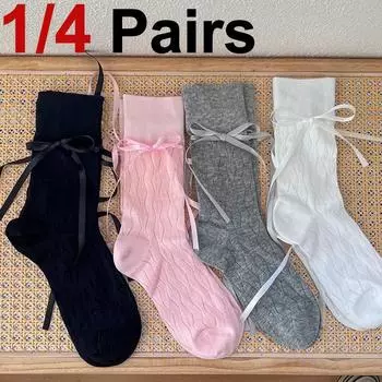 1/4 Pairs Ballet Style Strap Bow Middle tube Socks Summer Thin Sweat Absorbing Breathable Soft and Comfortable Casual Socks One Size