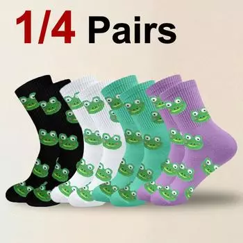 1/4 Pairs Cartoon Frog Print Women Crew Socks Fashionable Street Style Sweat Absorbing Breathable Soft Comfortable Casual Socks One Size