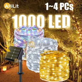 1~4 шт. 1000 светодиодных солнечных гирлянд, уличная рождественская гирлянда, медная водонепроницаемая садовая дворовая вечеринка, рождественское украшение 2024 г. 12M 100LED 600mAh