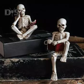 1/4 шт. Хэллоуин Череп Статуя Скелет Чтение Книги Скульптура Смола Настольное Украшение Для Спальни Гостиной Украшения Хэллоуина A