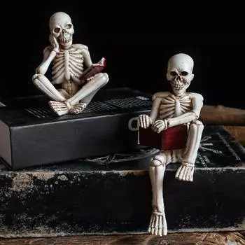 1/4 шт. Хэллоуин Череп Статуя Скелет Чтение Книги Скульптура Смола Настольное Украшение Для Спальни Гостиной Украшения Хэллоуина A