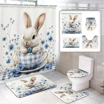 1/4 шт. Пасхальный кролик синие цветы водонепроницаемый комплект занавесок для душа декоративный набор для ванной комнаты нескользящий коврик для унитаза коврик для ванной и 12 крючков 1pc Shower