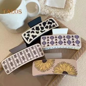 1/4 шт., заколка для волос с когтями для ванны и головы, заколка для волос с принтом коровы в стиле вестерн, цветочный дизайн, большие аксессуары для волос из искусственной кожи A