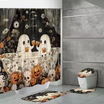 1/4Pcs Cute Ghost Shower Curtain Cartoon Fabric Spooky Halloween Shower Curtain Home Bathroom Decor Set Rug Toilet Cover