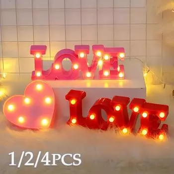 1-4PCS Love LED Lamp Wedding Party Romantic Red Pink Night Light Ornament Birthday Christmas Home Decoration Valentines Day Gift 1PC красный