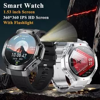 1,53-дюймовые наружные умные часы с фонариком, компасом, GPS-трекером, монитором здоровья, 410 мАч, водонепроницаемые мужские умные часы с функцией Bluetooth и функцией вызова