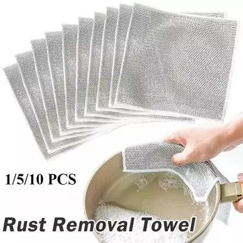 1/5/10 шт кухонная волшебная салфетка для мытья посуды из металлической стальной проволоки двухслойная антипригарная тряпка для мытья посуды из масла и железа салфетка для мытья посуды тряпки 1 PCS серебряный