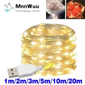 1/5/20 м USB светодиодные гирлянды из медной и серебряной проволоки, гирлянда, водонепроницаемые гирлянды для рождественской свадьбы, украшения 1M USB синий