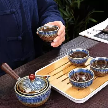 1/5/6/шт. Керамический чайный сервиз Чайник с принтом Портативный дорожный чайный сервиз Чайник кунг-фу с простой ручкой против ожогов Чайные чашки Поднос для чая Идеально подходит для дома и Fudao Teapot