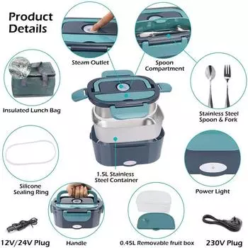 1,5 л, 60 Вт, электрический подогреватель еды в ланч-боксе, портативный подогреватель еды для автомобиля или дома - герметичный, микроволновая печь для подогрева обеда для дальнобойщиков