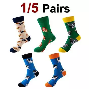 1/5 Pairs Unisex Puppy Print Round Neck Socks Fashionable Animal Soft Comfortable Sweat Absorbing Breathable Cotton Casual Socks One Size