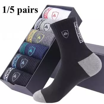 1/5 пар мужских носков, впитывающих пот и дезодорирующих, мужские повседневные носки средней длины, носки с принтом в виде щита, спортивные носки one size чёрный