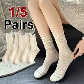 1/5 пар женских летних тонких хлопковых носков средней длины, впитывающих пот, дышащих, сетчатых, в форме сердца, с завернутыми краями, складывающихся в стопку One Size