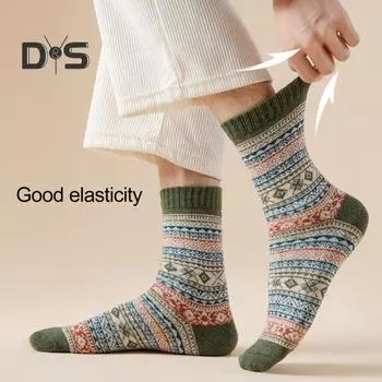 1/5 пары мужских зимних носков средней длины с теплоизоляцией в этническом стиле для дома и спальни, носки-тапочки с цветными блоками, противоскользящие, трикотажные, повседневные, спортивные темно-красного