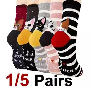 1/5 пары женских хлопковых носков с круглым вырезом и рисунком кошки, милые, забавные, с мультяшным принтом, удобные, впитывающие пот, дышащие, повседневные носки One Size