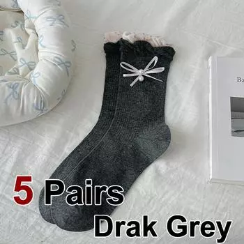 1/5 пары женских хлопковых носков средней длины с цветочным краем и жемчугом, модные повседневные носки с бантом в балетном стиле, впитывающие пот, дышащие One Size