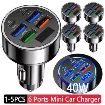 1-5 шт. 40 Вт мини-автомобильное зарядное устройство 6 портов USB зарядное устройство для телефона быстрая зарядка PD Usb Type C QC3.0 адаптер прикуривателя для Huawei