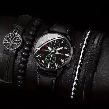 1/5 шт./компл. мужские повседневные кварцевые часы из искусственной кожи и набор браслетов «Древо жизни», идеальный выбор для мужских подарков чёрный