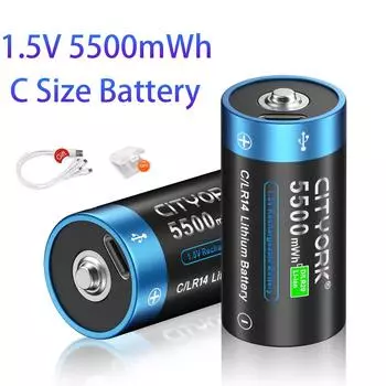 1,5 В, 5500 МВтч, размер C, тип-C, USB-перезаряжаемые литий-ионные аккумуляторы для газовой плиты, игрушечный счетчик, радиобритва, аккумулятор LR14 чёрный
