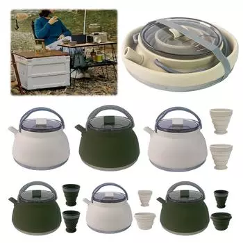 1.5L Silicone Kettle with Handle Portable Camping Kettle Stainless Steel Bottom Water Tea Cookerware for Hiking Backpacking