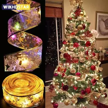 1/5M рождественские украшения светодиодные ленты гирлянды рождественские елочные украшения DIY кружевные банты гирлянда Navidad домашнее украшение Новый год 2024 1M золотой