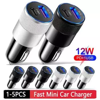 1-5Pcs 2 in 1 Mini USB Car Charger Type C 12V 3.1A 15W PD Cigar Jack Fast Charging Adapter for Mobile Phone Car Power Bank