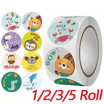 1-5Roll Поощрительная графическая канцелярская наклейка с изображением животных 500 шт./рулон Наклейка с изображением мультфильма для учеников детского сада и учителей