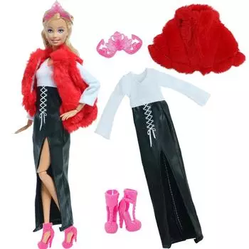 1/6 аксессуары для кукольной одежды, модная кожаная юбка ручной работы + меховое пальто + обувь, наряд для Барби, 11,5-дюймовая кукла-игрушка