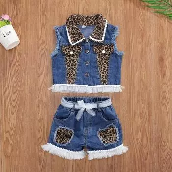 1-6 лет Детские Девочки Джинсовые Повседневные Комплекты Одежды Без Рукавов Леопардовый Принт Джинсовый Топ + Леопардовый Принт Джинсовые Шорты Костюмы Для Девочек 80 джинсовый синий