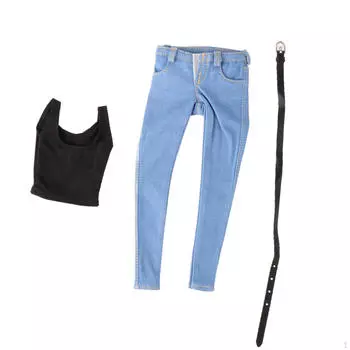 1/6 Scale Action Denim Outfit with Belt for 12 Dolls dark blue and long