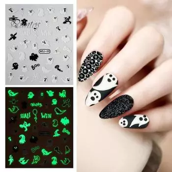 1/6 шт. наклейки для ногтей на Хэллоуин 3D самоклеящиеся слайдеры паутина череп маникюр украшения для натуральных акриловых ногтей светящиеся в темноте наклейки для H