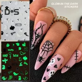 1/6 шт. наклейки для ногтей на Хэллоуин 3D самоклеящиеся слайдеры паутина череп маникюр украшения для натуральных акриловых ногтей светящиеся в темноте наклейки для B