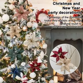 1/6 шт. Рождественские искусственные цветы Мягкий блестящий порошок Пуансеттия Искусственные цветы Новогоднее украшение для вечеринки Цветочные композиции 1pc зелёный