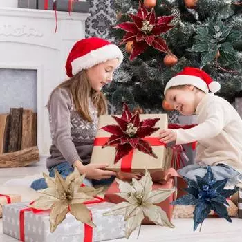 1/6 шт. Рождественские искусственные цветы Мягкий блестящий порошок Пуансеттия Искусственные цветы Новогоднее украшение для вечеринки Цветочные композиции 1pc вино красного