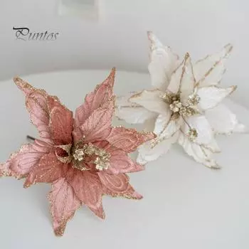 1/6 шт. Рождественские искусственные цветы Мягкий блестящий порошок Пуансеттия Искусственные цветы Новогоднее украшение для вечеринки Цветочные композиции 1pc вино красного