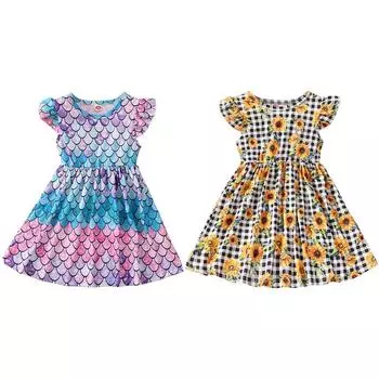 1-6 лет Дети Девочки Летнее Платье Рукава-Флаттер Платье С О-Образным Вырезом С Принтом 130
