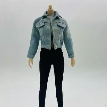 1: 6 Женская джинсовая куртка Langarm Denim Button Down содержит брюки и жилет для 12-дюймового масштаба синий