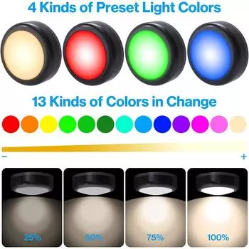 1-6Pcs RGBW LED Puck Night Lights Remote Control Dimmable Under Cabinet Light Battery Operated Wireless Push Lamp Kitchen Closet