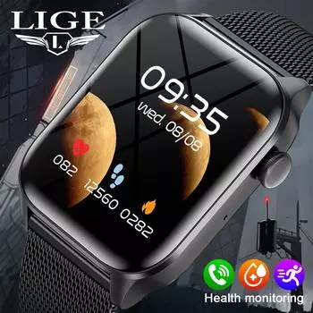 1,83-дюймовый HD большой экран Смарт-часы LIGE Черный сетчатый ремень Водонепроницаемые умные часы Bluetooth Вызов Мониторинг здоровья Спортивный умный браслет Silicone strap чёрный