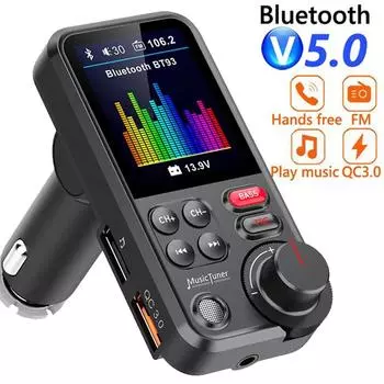 1,8-дюймовый беспроводной автомобильный Bluetooth FM-передатчик Aux поддерживает зарядку QC3.0 с высокими и низкими частотами, музыкальный плеер чёрный