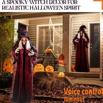 1,8 м Хэллоуин висит ведьма страшный звуковой эффект и красные глаза в натуральную величину светящийся крик ведьмы Хэллоуин реквизит ужас вечеринка декор фиолетовый