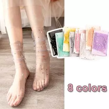 1/8 пары цветных прозрачных сетчатых носков средней длины с пайетками, тонкие удобные милые женские чулки со звездами и луной